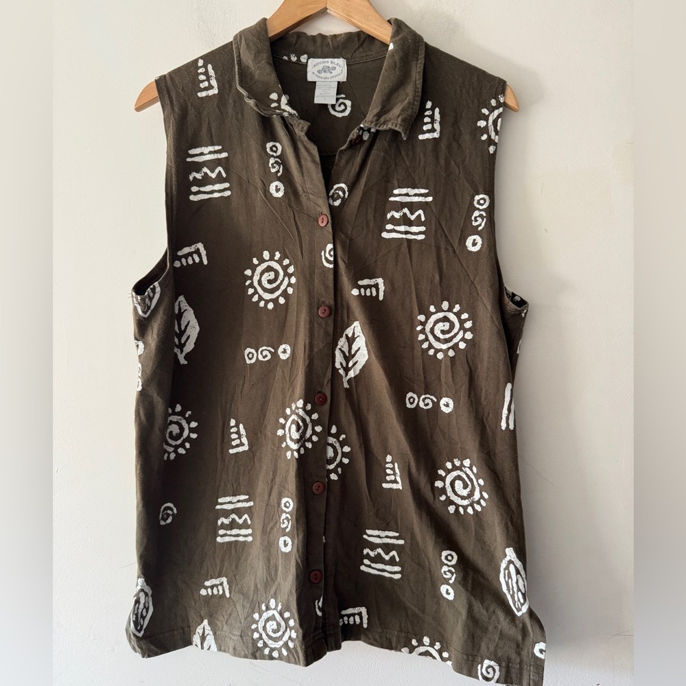 Moving Bleu 90’s Olive Green Sleeveless Button Down Geometric Funky Retro